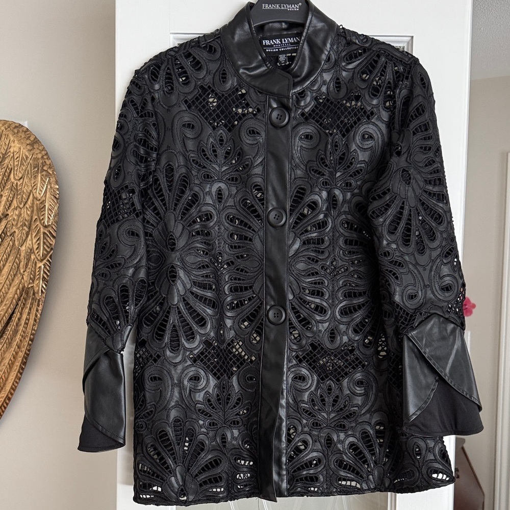 Frank Lyman Design Black Vegan Leather Lace Jacket